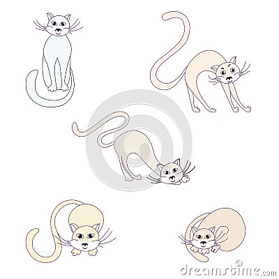 Cat different pose set in pastel beige, blue colour Vector Illustration